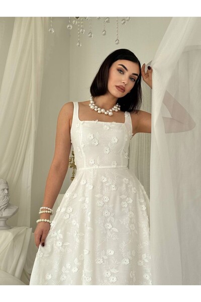 Julidress Rochie din in cu design premium, cu broderie și model de flori 3D, ...