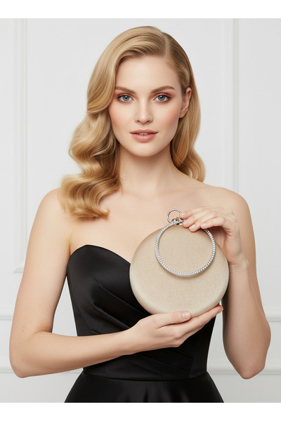 Biçanta Beige Silver Round Luxury Suede Crystal Stone Women's Evening Dress B...