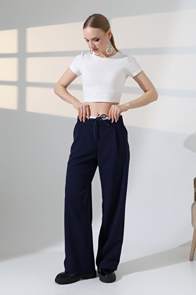 lubiti Wide Leg Fabric Palazzo Pants / White Garni Detailed with Lace-Up at t...