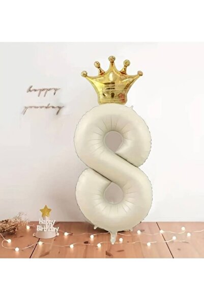 ALYA PARTİ 8 Yaş Krem Taçlı Rakam Folyo Balon Taç ve Rakam Folyo