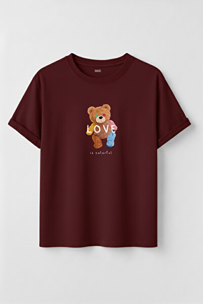 DK DAKSEL Unisex Love Is Colorful Patched Teddy Bear Printed 100% Cotton Desi...