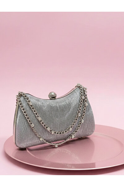 Çanta Trend Women's Wavy Glitter Silver Evening Dress Clutch Chain Strap Hand...