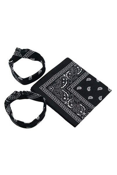 DOUBLE1WAN 3-piece printed headband set, black/white, 55x55cm