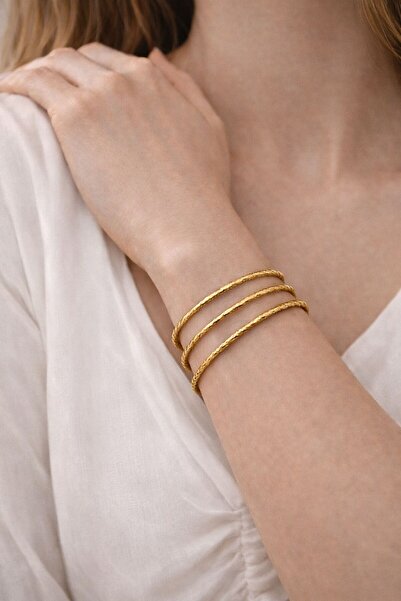 ACPT Ajda Luxe – 22 Ayar Görünümlü Altın Renk Paslanmaz Çelik 3’lü Bilezik Se...