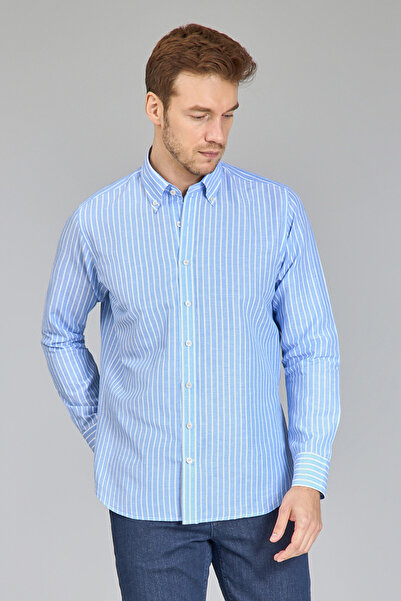 Bisse Regular Fit Long Sleeve Blue Cotton Linen Men's Shirt
