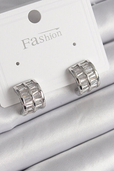 esplendor Brass Silver Color Double Row Zircon Stone Women's Earrings