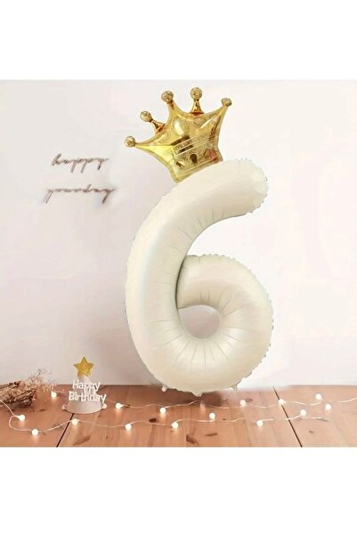 ALYA PARTİ 6 Yaş Krem Taçlı Rakam Folyo Balon Taç ve Rakam Folyo