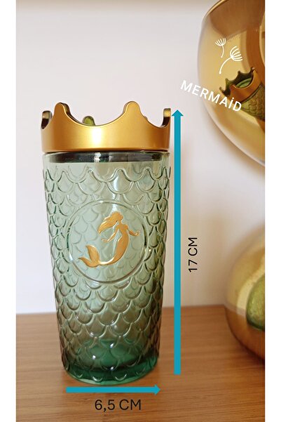 KACHKIRHOME Cam Kapaklı Kavanoz Bardak Kraliçe Taç Altın Rengi Deniz Kızı