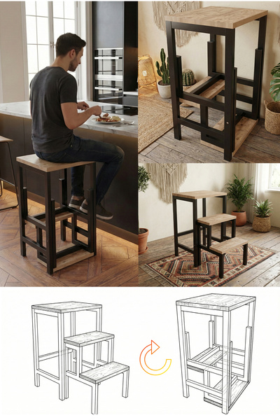 YüceerHome Katlanabillir Puf Bench Metal Ahşap Basamaklı Tabure Merdiven Çiçe...