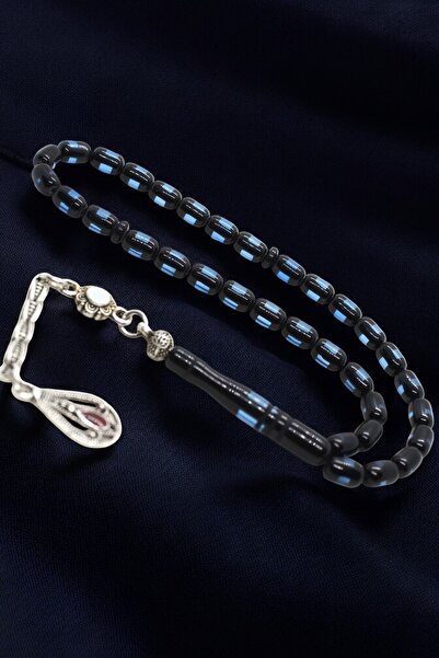 Atolyezone Bilek Boy Mavi Siyah Sürmeli Toz Kehribar Tesbih