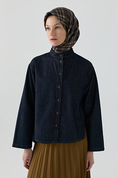 Tuğba Yırtmaç Detaylı Denim Gömlek - Lacivert