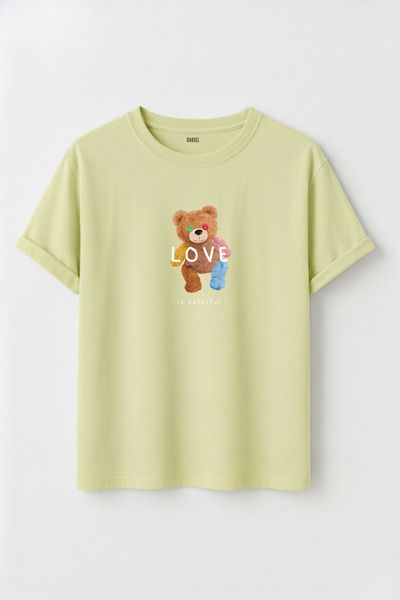 DK DAKSEL Unisex Love Is Colorful Patched Teddy Bear Printed 100% Cotton Desi...