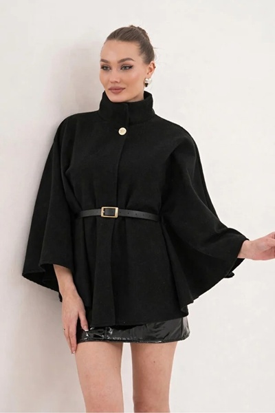 lizge giyim Women's Black Mock Neck Gold Button Detailed Belted Cape Poncho