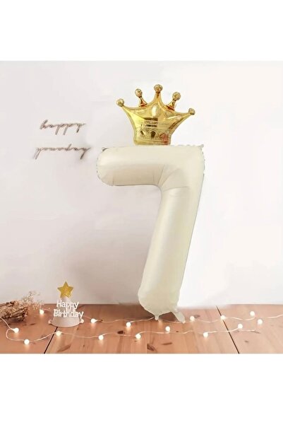 ALYA PARTİ 7 Yaş Krem Taçlı Rakam Folyo Balon Taç ve Rakam Folyo