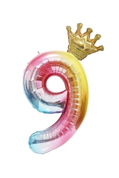 ALYA PARTİ 9 Yaş Gökkuşağı Taçlı Rakam Folyo Balon Taç ve Rakam Folyo
