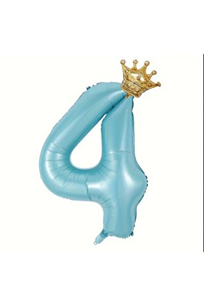 ALYA PARTİ 4 Yaş Mavi Taçlı Rakam Folyo Balon Taç ve Rakam Folyo