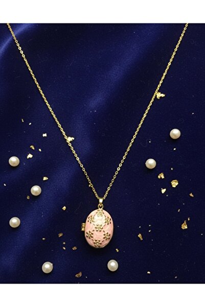 Hiis Store Vintage Pembe Emaye İşlemeli Açılabilir Madalyon Kolye - Altın Kap...