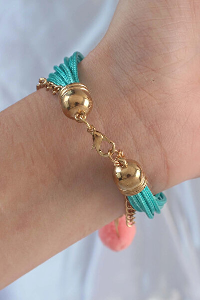 esplendor Turquoise Colored Snowflake Patterned Chain Detail String Bracelet