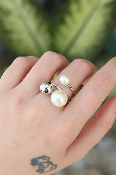 esplendor Brass Silver Color Adjustable Pearl Rhinestone Ring