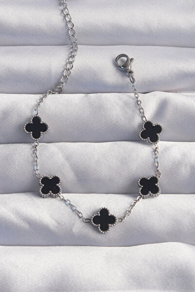 lowell home 316L Steel Baby Boy Silver Color Black Enamel Clover Bracelet