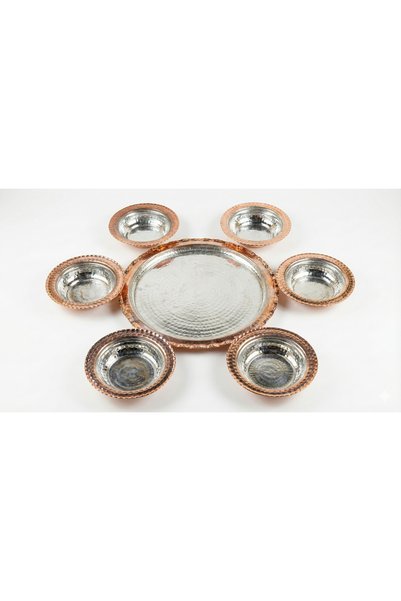 Zinnun Tray with Copper Cord (25 cm), Copper 6-Piece Corded Breakfast Snack and Appetizer Plate (12 cm)