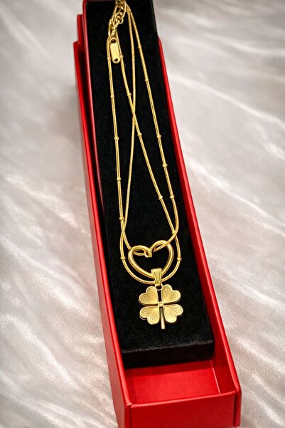YılmazConcept Kalp & Dört Yapraklı Yonca Figürlü Çift Zincir Altın Renk Kolye