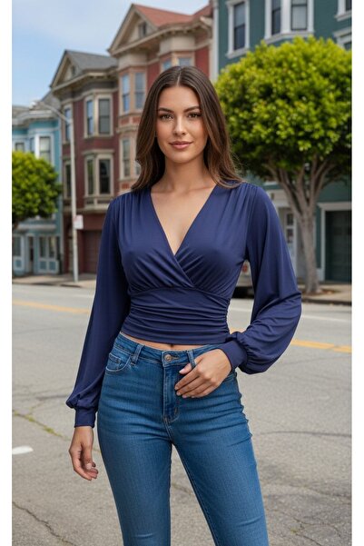 SiaLess Lingerie Kadın Body Likralı Micro Kumaş Lacivert Balon Uzun Kol Crop Göğüs Dekolteli Body