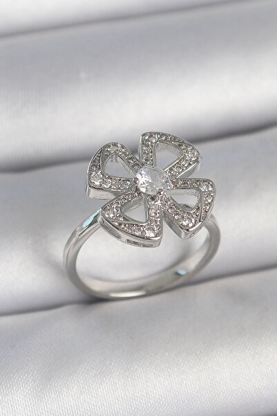 esplendor Brass Silver Color Zircon Stone Clover Model Adjustable Women's Ring