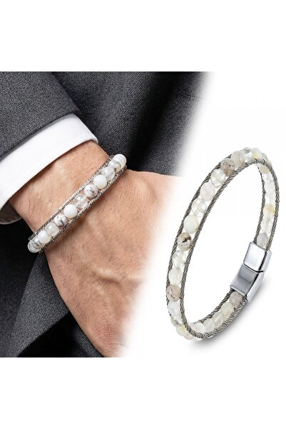 AKSESUARIM Men's Steel Rope and Moonstone Natural Stone Bracelet