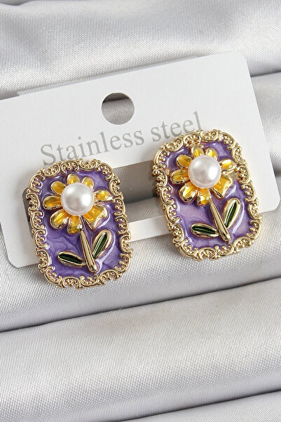 esplendor Daisy Figured Purple Enamel Brass Women's Earrings