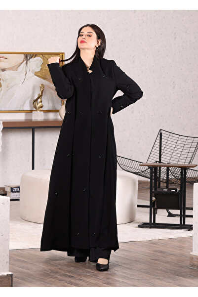 Generic Waqar abaya, made of luxurious crepe fabric, featuring classic hand e...