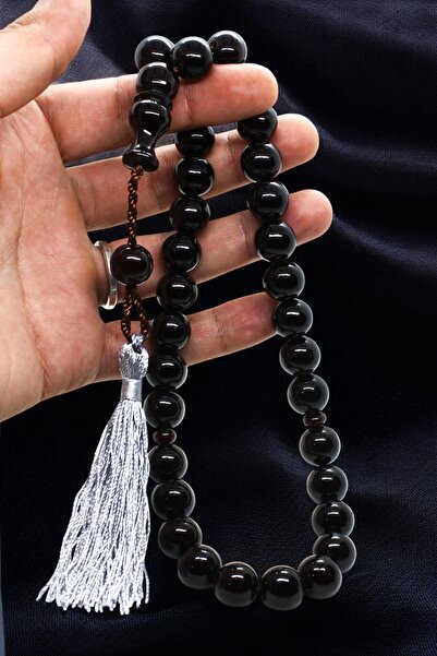 Atolyezone سبحة كبيرة الحجم معتمدة من 33 حبة، مصنوعة من العقيق الأسود والعنبر...