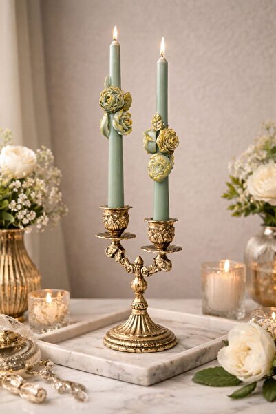 mumy candle yeşil çiçekli şamdan mum 2'li