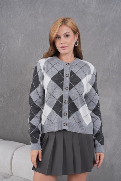 venezia giyim Women's Knitwear Cardigan Jacket - Crew Neck Diamond Pattern Button Closure // V8581