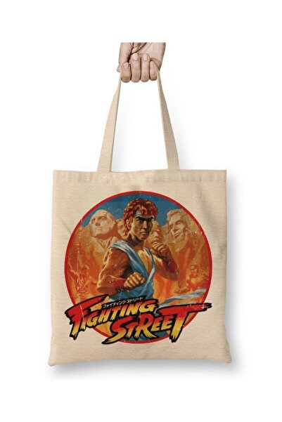 Toyaso Street Fighter Fighting Street Λευκή υφασμάτινη τσάντα με μακριά λαβή ...