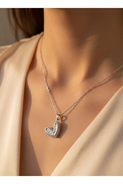 316L Steel Silver Color Baguette Stone Heart Shaped Gift Necklace