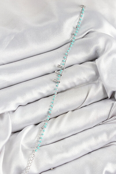 esplendor Brass Zircon Stone Blue Beaded Model Silver Color Women's Bracelet