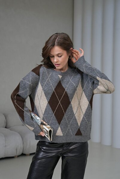 venezia giyim سترة تريكو بياقة دائرية ونقشة البقلاوة // V8704