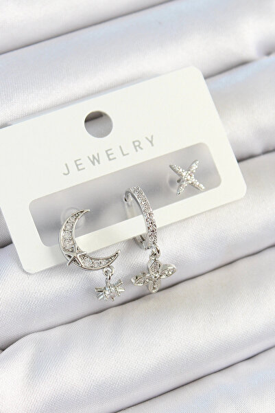 esplendor Brass Zircon Stone Flower and Moon Model Silver Color 3-Piece Doubl...