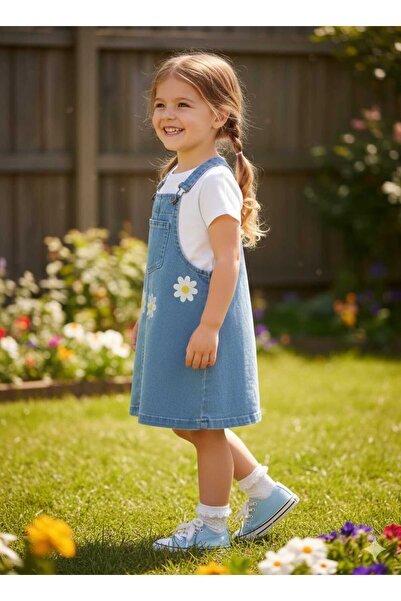 DoğaButikGiyim Kız Çocuk Salopet Papatya Nakışlı Elbise