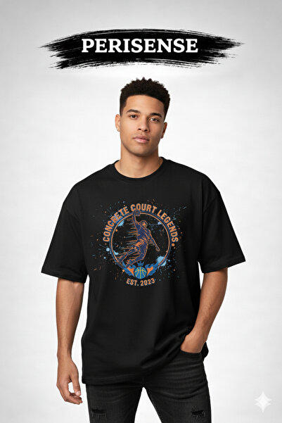 PERISENSE Unisex Basketball Printed Premium Combed Oversized T-Shirt