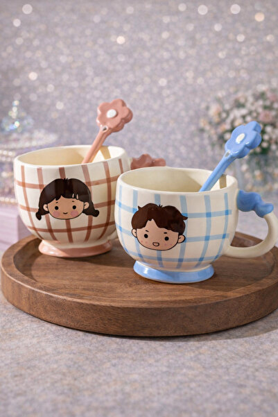 matheon Set of 2 Ceramic Mugs with Spoons: Plaid Patterned Breakfast Mugs wit...