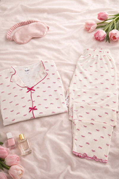 PİJAMORİ HOMEWEARS Sude Pamuklu Soft Fiyonk Desenli Kadın Pijama Takımı-Yumuş...
