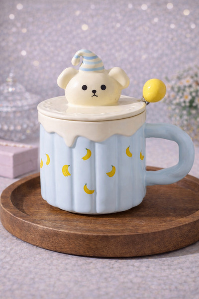 matheon Muz Desenli Kapaklı Seramik Kupa Kaşıklı: Figür Kapaklı Mavi Mug