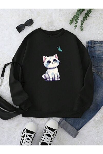 Kids Унисекс зимна блуза с печат на котка и пеперуда, черна