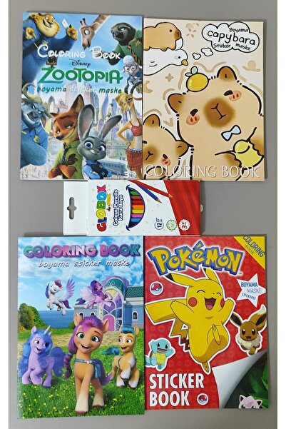 ada çanta kırtasiye 4 adet stickerli boyama kitabı ve 12 li kuru boya kalemi ...