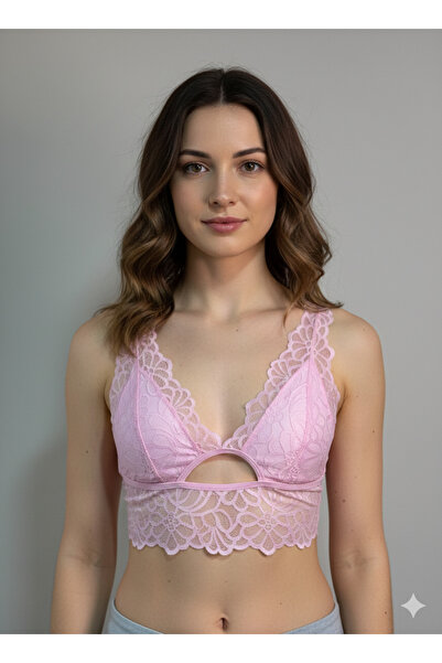 TAMER COLLECTİON Pudra Pembe Pencere Detaylı Çiçekli Dantel Bralet