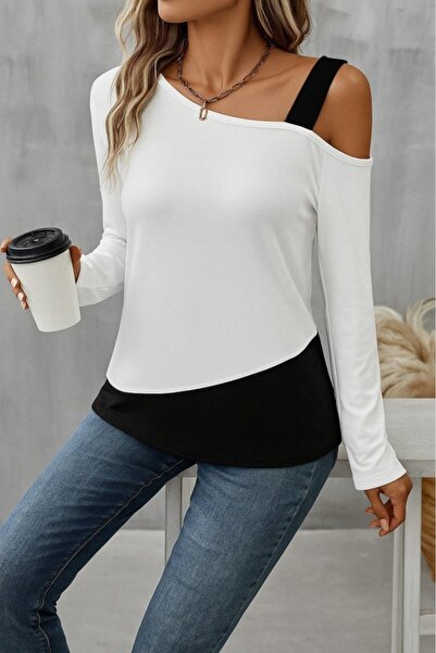 HAZEGO Women's One Shoulder Open Strap Double Color Long Sleeve Viscose Blouse