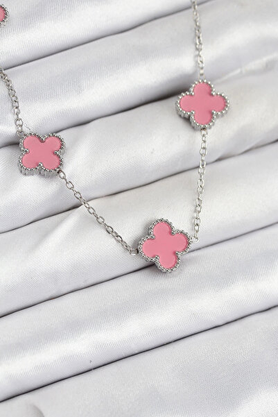 esplendor Pink Clover Patterned Anti-Tarnish Steel Women's Necklace