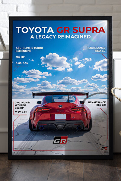 Duvarda Toyota GR Supra Siyah Ahşap Çerçeveli Poster, Dekoratif Araba Duvar T...